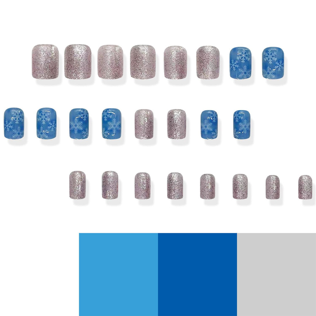 Uñas postizas a presión de Navidad, uñas postizas cuadradas cortas con diseños de copos de nieve, uñas postizas azules de Navidad, uñas postizas plateadas con purpurina a22  en las uñas de cobertura