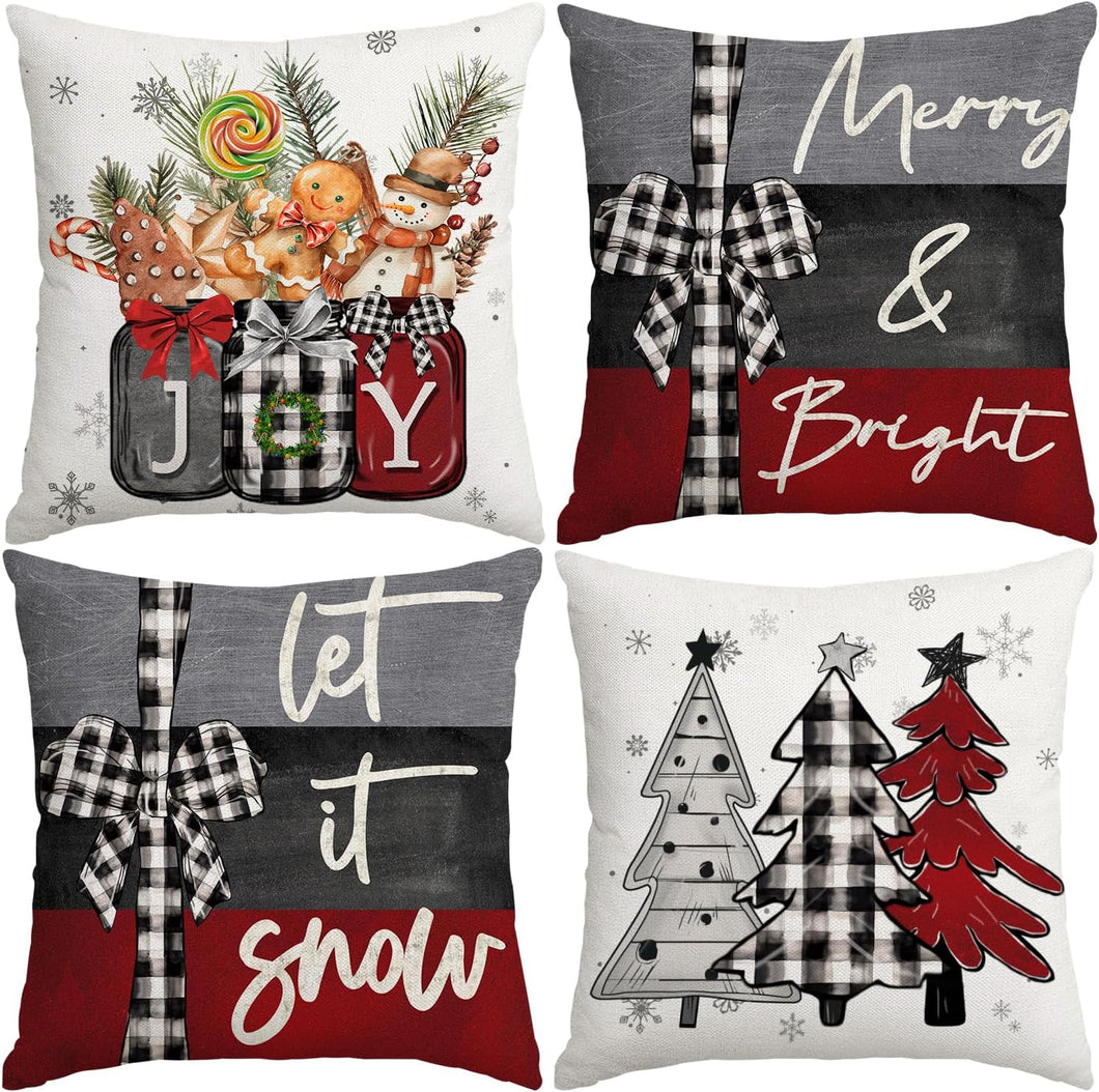 Artmag Juego de 4 fundas de almohada de Navidad de 18 x 18 pulgadas, diseño de árboles de Navidad, color rojo y negro, para sofá de entrenador A19