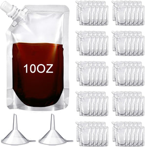 100 bolsas de plástico desechables a granel, bolsas transparentes para jugos, salsa, a prueba de fugas, con embudo, para adultos, viajes, deportes al aire libre, conciertos (10 onzas)