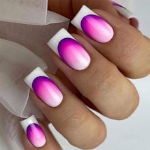 Cargar imagen en el visor de la galería, Uñas acrílicas artificiales a presión de longitud media, uñas postizas francesas con diseño degradado morado, uñas postizas cuadradas, 24 unidades, cobertura completa,a22  brillantes, reutilizables, uñas
