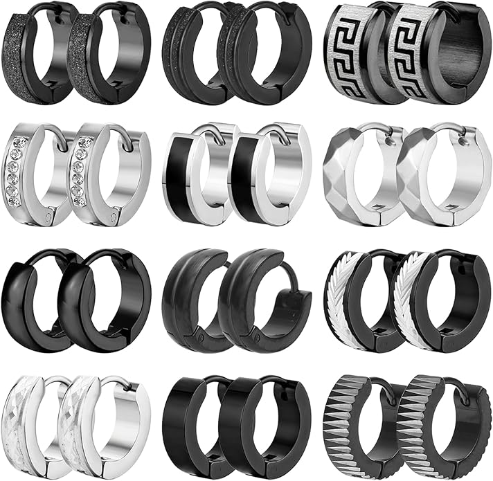 12 pares de aretes de aro para hombre, aretes de acero inoxidable