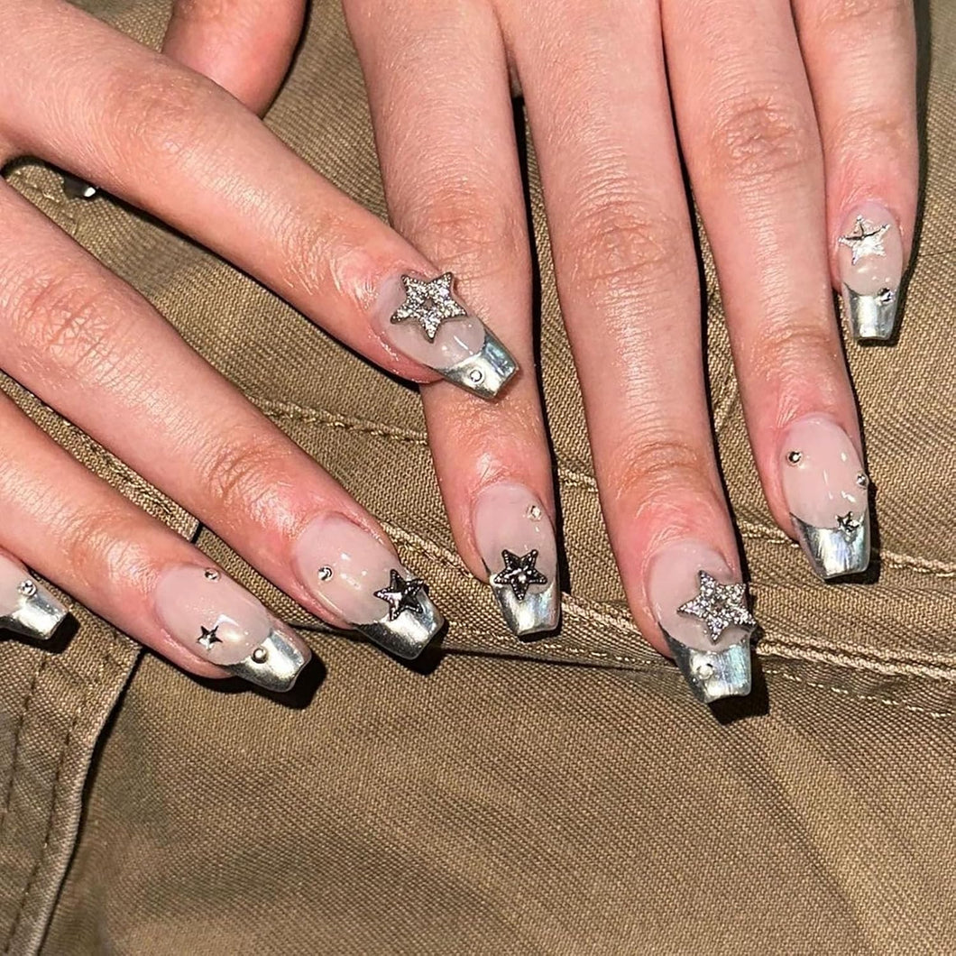 Y2K - Uñas postizas a presión medianas con punta francesa de ataúd MABKJLF de cobertura completa, uñas postizas con pegamento de estrella con diseños de diamantes de imitación, uñas artificiales brillantes para mujeres y niñasz a22 , 24 unidades
