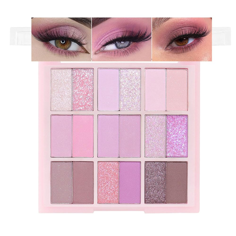 Paleta de sombra de ojos de 18 colores púrpura rosa desnudo brillante, púrpura claro malva, purpurina brillante altamente pigmentada, a22  sombra de ojos de larga duración, impermeable, aspecto