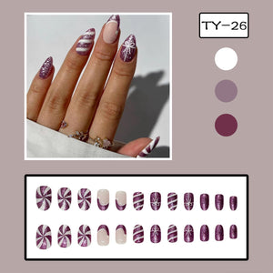 Uñas postizas a presión de Navidad, uñas postizas cortas ovaladas con sombrero de Navidad, diseños de lazo de caramelo, uñas postizas de Navidad, uñas postizas moradas con purpurinaA22 , uñas postizas