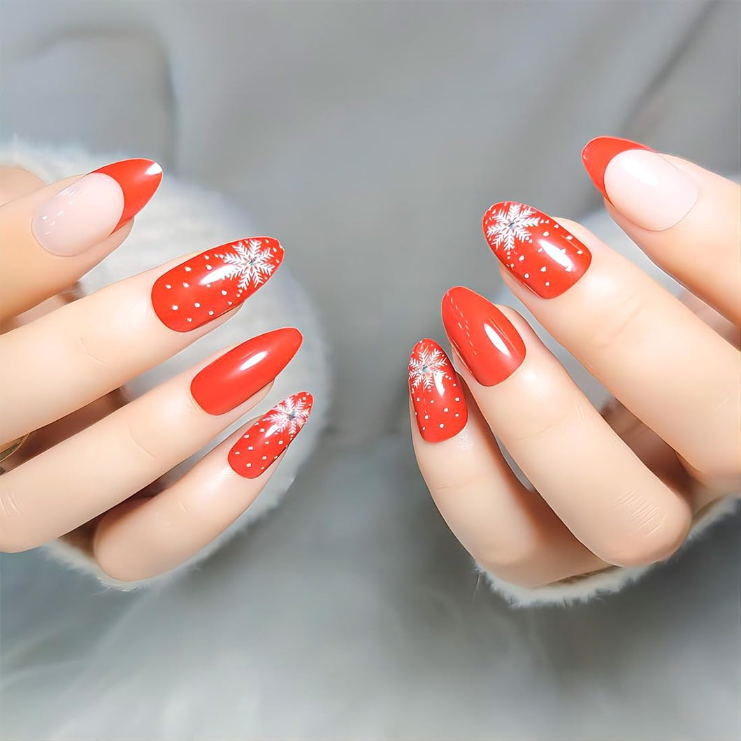 Uñas postizas a presión de almendra, punta francesa, uñas postizas de Navidad con pegamento, uñas postizas acrílicas con diseños de diamantes de imitación, color rojo y rosa,a22  uñas artificiales