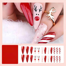 Cargar imagen en el visor de la galería, Uñas postizas a presión de Navidad, uñas postizas largas de almendra, uñas postizas acrílicas con diseños de cuadros de alce con purpurina en polvo,a22  uñas artificiales
