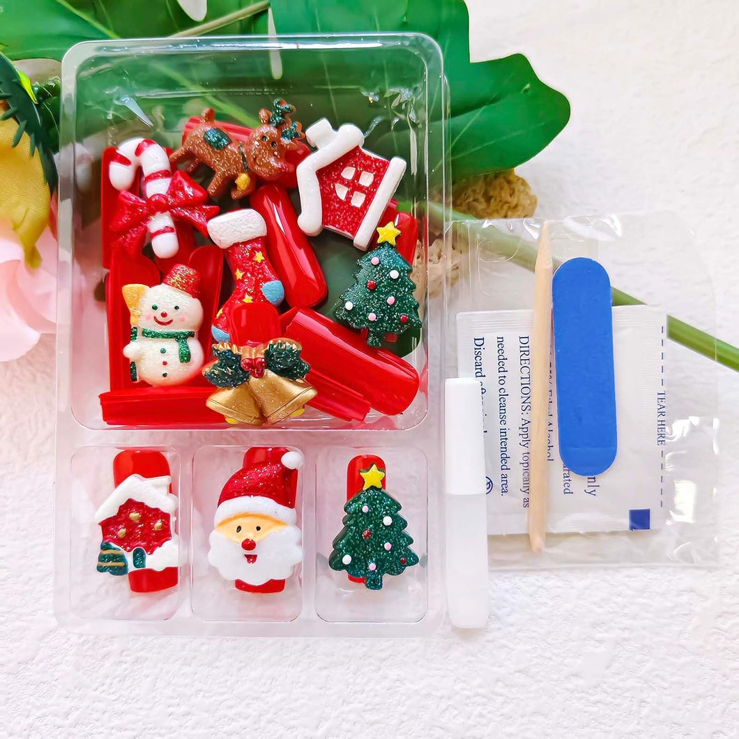 Uñas postizas a presión de Navidad, uñas postizas largas de ataúd con pegamento, uñas postizas acrílicas con calcetines de regalo de Papá Noel 3D,A22  diseños