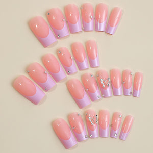Uñas postizas largas cuadradas con punta francesa MABKJLF rosa, uñas postizas de cobertura completa con diseños de diamantes de imitación de mariposa,a22  uñas adhesivas brillantes, uñas artificiales