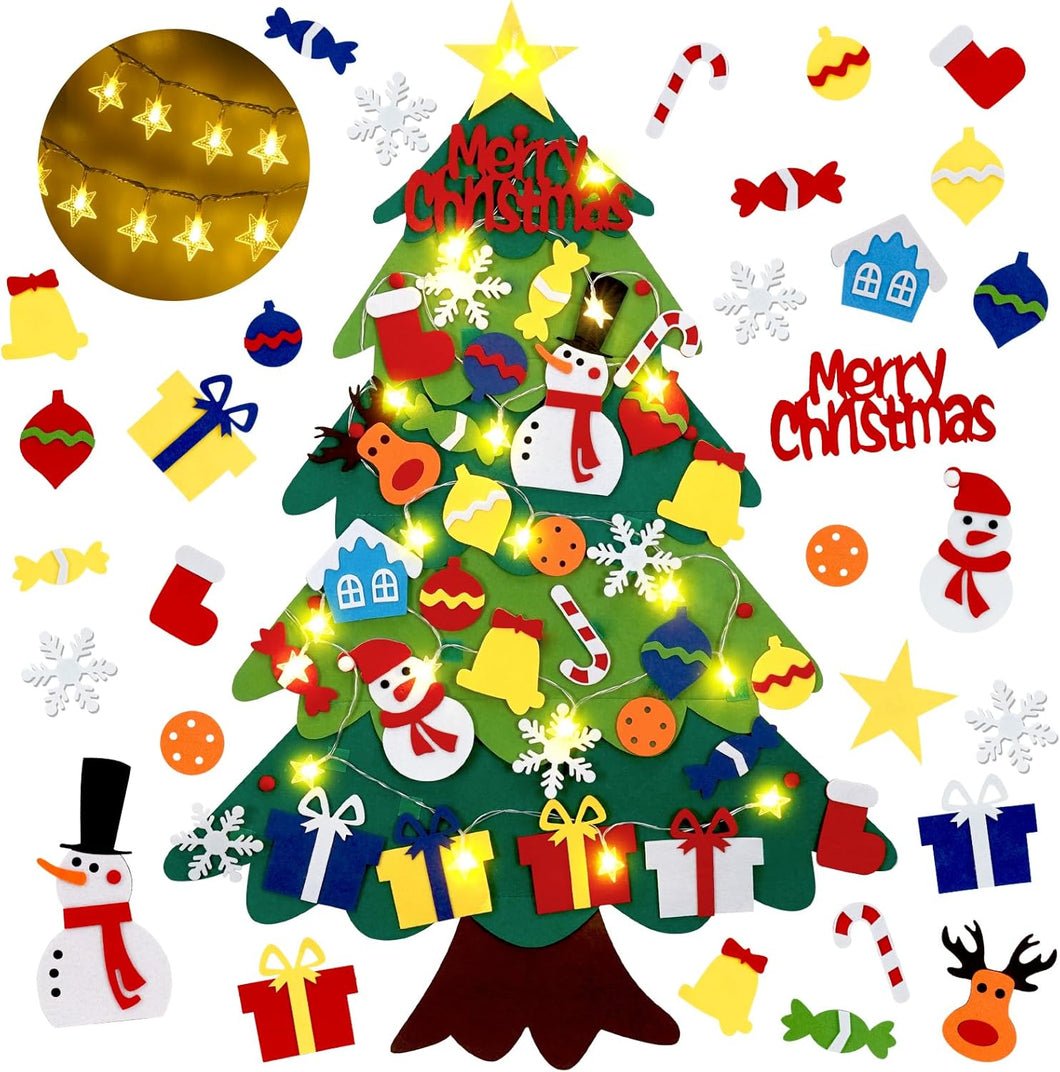Árbol de Navidad de fieltro de 3.2 pies para niños pequeños con 32 adornos de Navidad desmontables y luces de cadena, regalos de Navidad, decoración de Navidad para colgar en la pared en la puerta A19