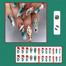Cargar imagen en el visor de la galería, Uñas postizas largas a presión de Navidad, uñas postizas acrílicas rojas con diseño de diamantes de imitación, polvo con purpurina verde degradado, juego de uñas de gel reutilizable a22 , uñas postizas
