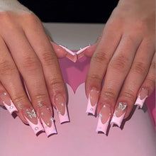 Cargar imagen en el visor de la galería, Uñas postizas largas con punta francesa tipo ataúd MABKJLF rosa, uñas postizas de cobertura completa con diamantes de imitación de mariposa,A22  diseños de perlas, uñas adhesi
