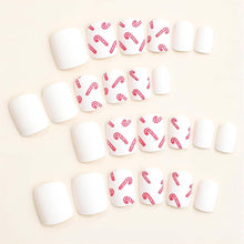 Cargar imagen en el visor de la galería, Uñas postizas a presión de Navidad, uñas postizas cuadradas cortas, uñas postizas acrílicas con diseños de bastón de piruleta roja, uñas artificiales blancas de cobertura completa,A22  uñas postizas
