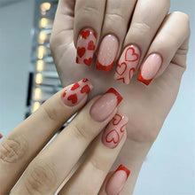 Cargar imagen en el visor de la galería, Uñas a presión, color rosa, uñas postizas cuadradas medianas, uñas postizas acrílicas de San Valentín con diseños de corazón rojo, punta francesa,A22  uñas artificiales brillantes para otoño
