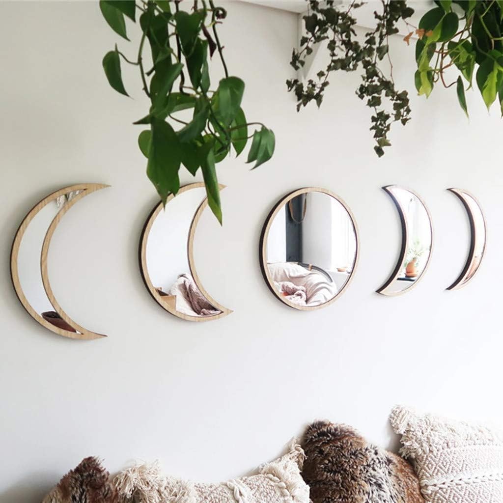 5 piezas de decoración natural escandinava acrílico espejo decorativo de pared de diseño interior espejo de fase lunar de madera, A19