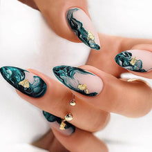 Cargar imagen en el visor de la galería, Uñas postizas francesas a presión, de longitud media, diseño de manchas verdes, uñas acrílicas artificiales, uñas de almendra, 24 unidades, cobertura completa,a22  brillantes, reutilizables, uñas postizas
