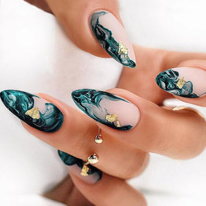 Uñas postizas francesas a presión, de longitud media, diseño de manchas verdes, uñas acrílicas artificiales, uñas de almendra, 24 unidades, cobertura completa,a22  brillantes, reutilizables, uñas postizas