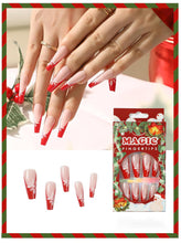 Cargar imagen en el visor de la galería, Uñas postizas largas de Navidad con punta roja francesa, uñas postizas acrílicas con diseños de copos de nieve con purpurina, color rosa,A22  cobertura completa, uñas artificia
