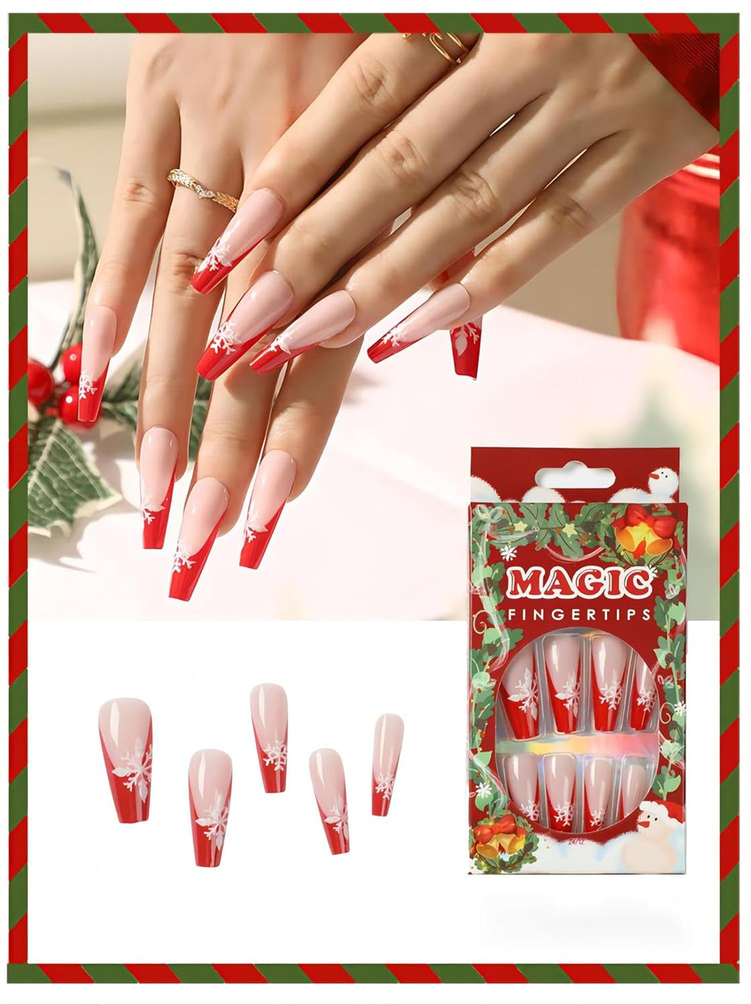 Uñas postizas largas de Navidad con punta roja francesa, uñas postizas acrílicas con diseños de copos de nieve con purpurina, color rosa,A22  cobertura completa, uñas artificia
