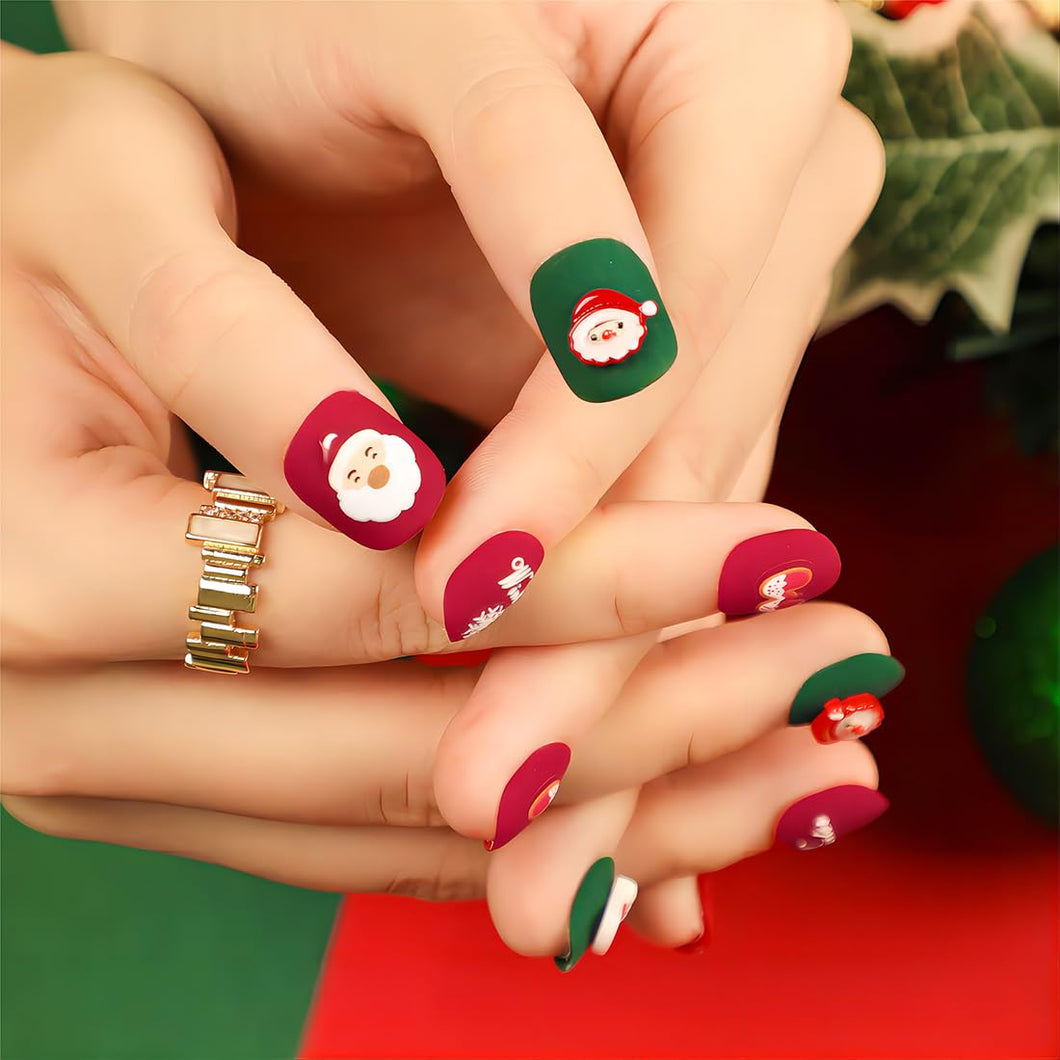 Uñas postizas a presión de Navidad, uñas postizas extra cortas, uñas postizas acrílicas verdes con diseño de Papá Noel 3D, uñas acrílicas de cobertura completa,a22  uñas acrílicas de gel reutilizables,
