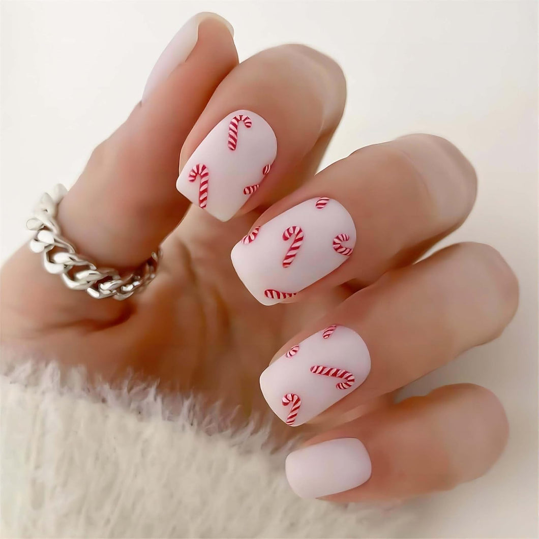 Uñas postizas a presión de Navidad, uñas postizas cuadradas cortas, uñas postizas acrílicas con diseños de bastón de piruleta roja, uñas artificiales blancas de cobertura completa,A22  uñas postizas