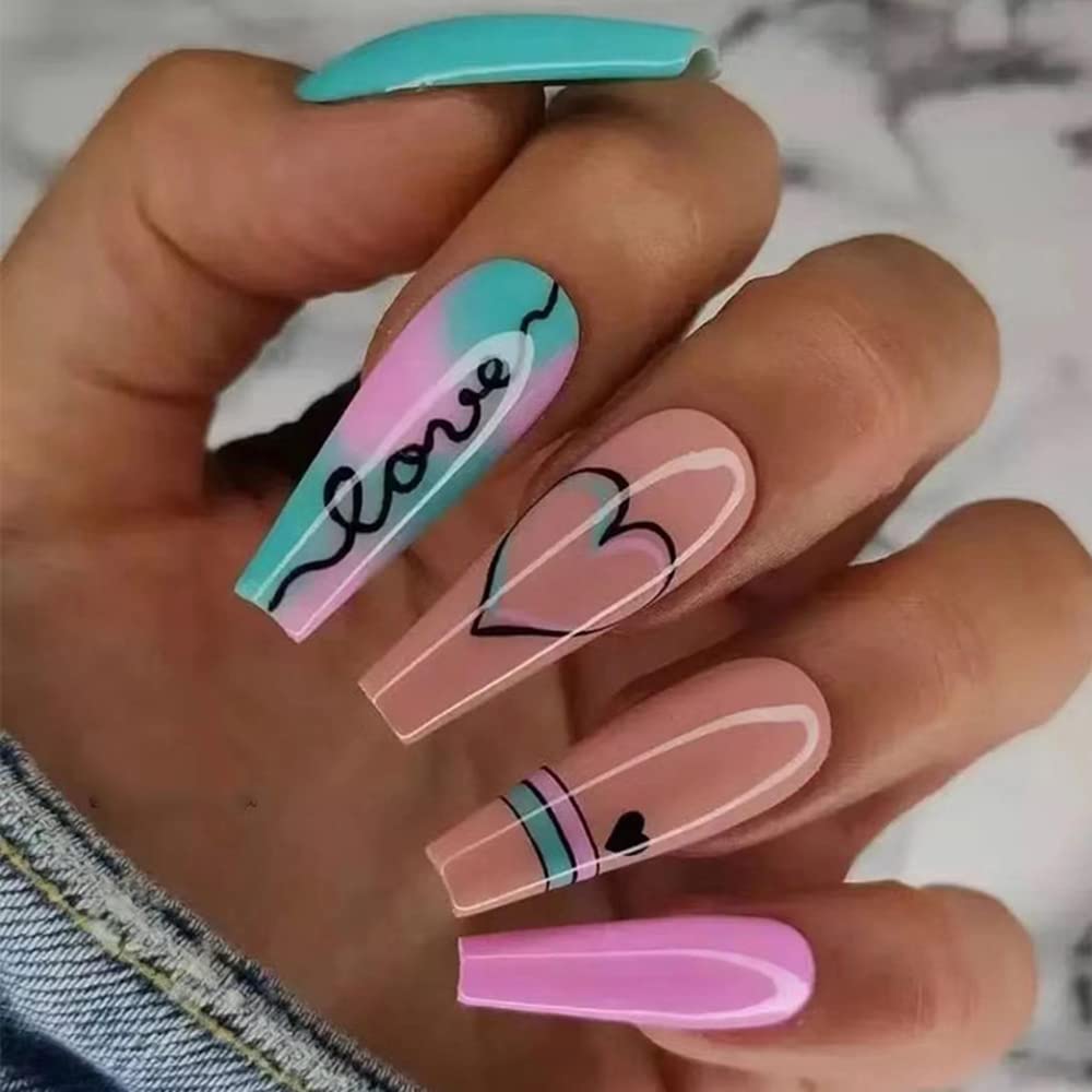 24 uñas postizas largas a presión con forma de corazón para el día de San Valentín, puntas de uñas de cobertura completa, diseño de corazón azul y rosa, a22 uñas postizas acrílicas para mujeres y niñas