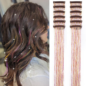 Paquete de 12 piezas de oropel para el cabello, kit de oropel con clip de 20 pulgadas, extensiones de cabello de oropel con purpurina,a21