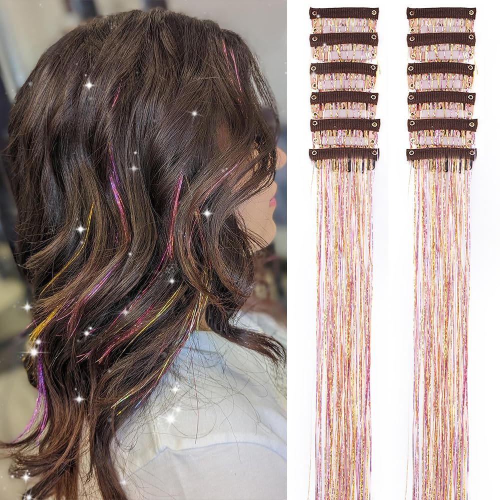 Paquete de 12 piezas de oropel para el cabello, kit de oropel con clip de 20 pulgadas, extensiones de cabello de oropel con purpurina,a21