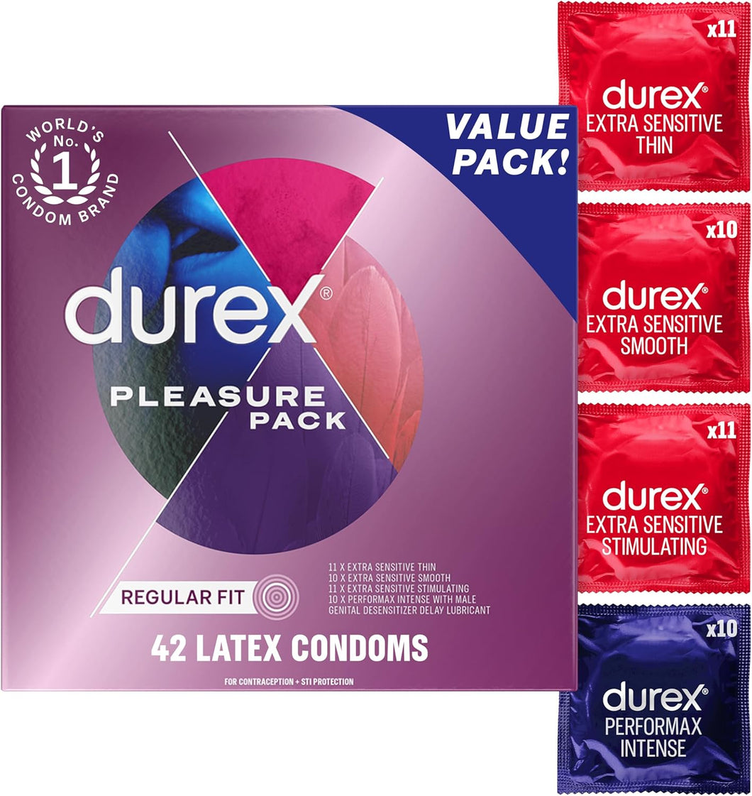 Durex - Paquete surtido de condones Pleasure, condones de látex de goma natural para hombres, ajuste regular