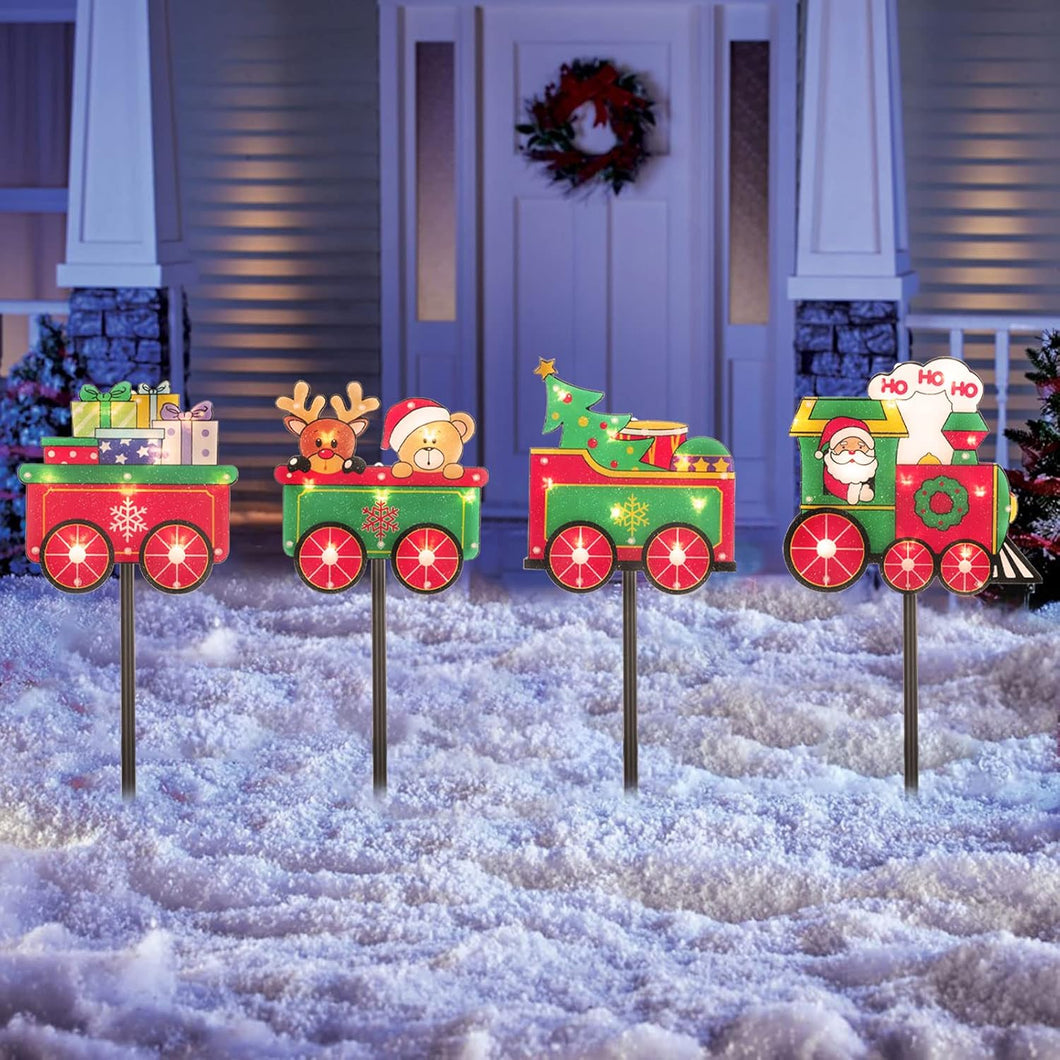 Juego de 4 luces de tren de Navidad, luces LED solares para camino, estacas de patio, decoración de Navidad al aire libre A19
