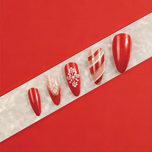 Uñas postizas a presión de Navidad, punta francesa, almendra roja, uñas postizas con pegamento, uñas postizas acrílicas con purpurina y A22 diseños de copos de
