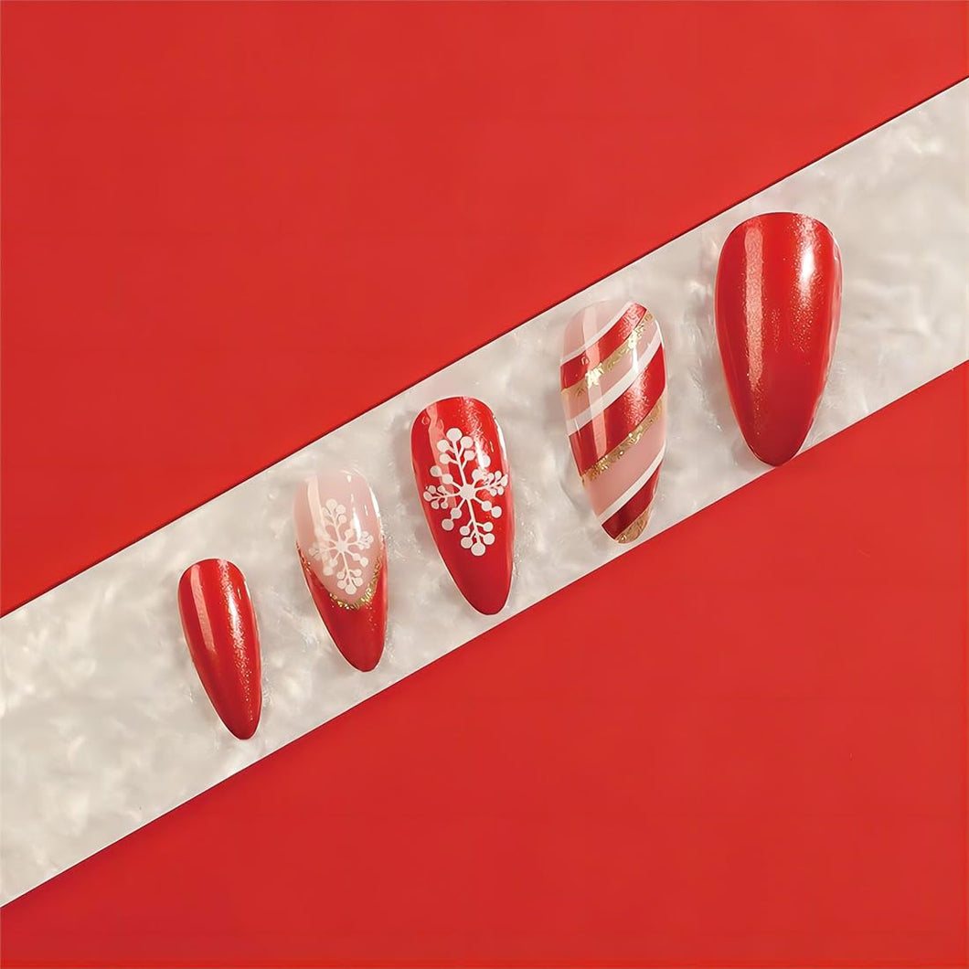 Uñas postizas a presión de Navidad, punta francesa, almendra roja, uñas postizas con pegamento, uñas postizas acrílicas con purpurina y A22 diseños de copos de