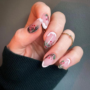 Uñas postizas a presión de Navidad, uñas postizas medianas de almendra con diseños de hojas de Navidad, uñas postizas de Navidad, uñas postizas brillantes A22 con pegamento de cobertura completa, uñas