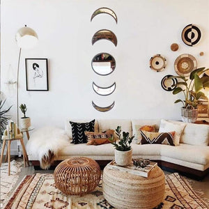 5 piezas de decoración natural escandinava acrílico espejo decorativo de pared de diseño interior espejo de fase lunar de madera, A19