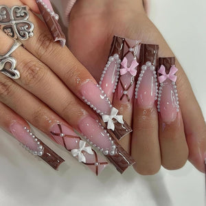 BABALAL Uñas postizas a presión con punta francesa, largas y cuadradas, color marrón, con lazo 3D, con pegamento y perlas, 24 unidades, manicura brillante, a22 uñas acrílicas, para mujeres y niñas