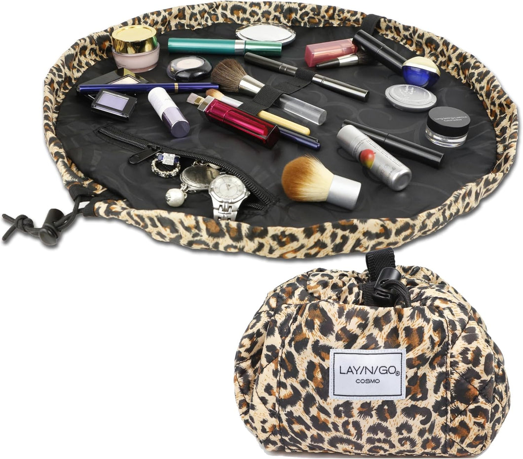 Organizador de maquillaje con cordón para viajes y uso diario con un diseño patentado y duradero, 20 pulgadas a22 , leopardo
