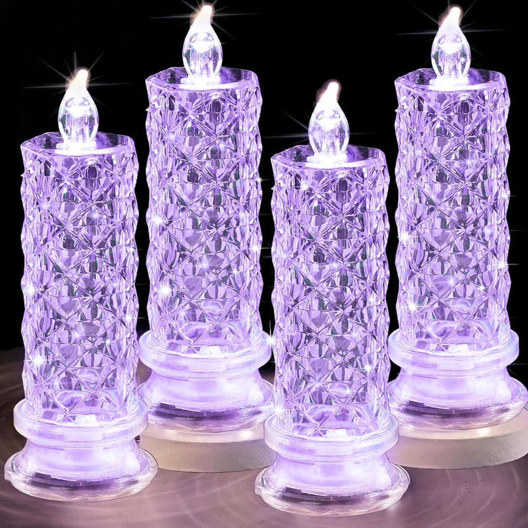Velas LED, paquete de 4 velas a pilas con halo de luz de rosa, velas románticas sin llama para decoraciones del día de San Valentín y Halloween (morado, 2.5 pulgadas de profundidad x 7.2 A19