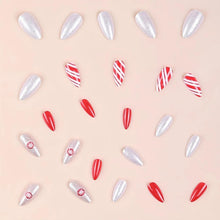Cargar imagen en el visor de la galería, Uñas postizas de Navidad a presión con rayas rojas y blancas A22 , uñas postizas medianas con diseño de caramelo con pegamento en uñas acrílicas brillantes, cobertura comp
