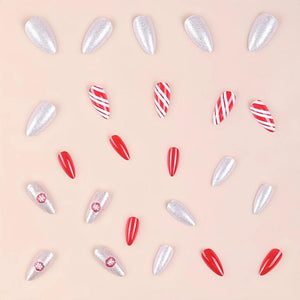 Uñas postizas de Navidad a presión con rayas rojas y blancas A22 , uñas postizas medianas con diseño de caramelo con pegamento en uñas acrílicas brillantes, cobertura comp