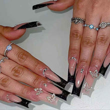 Cargar imagen en el visor de la galería, Foccna Uñas postizas largas con diamantes de imitación, color rosa, uñas negras, cuadradas, brillantes, 3D, flores, uñas postizas, uñas artificiales,a22 manicura para mujeres y niñas, 24 piezas (uñas
