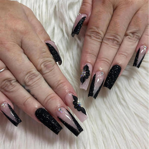 Uñas postizas cuadradas largas, negras, con punta francesa, brillantes, con pegamento, diseño de flores 3D, uñas acrílicas brillantes, 24 unidades a22 , uñas postizas cuadradas