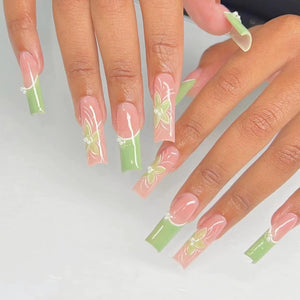 Uñas postizas largas cuadradas a presión, uñas postizas con pegamento de flores, punta francesa, uñas acrílicas coquetas, 24 unidades, a22 cobertura completa