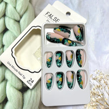 Cargar imagen en el visor de la galería, Uñas postizas francesas a presión, de longitud media, diseño de manchas verdes, uñas acrílicas artificiales, uñas de almendra, 24 unidades, cobertura completa,a22  brillantes, reutilizables, uñas postizas
