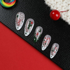Uñas postizas a presión con punta francesa de almendra, uñas postizas acrílicas con sombrero de Papá Noel, diseños de personal mágic A22 , uñas artificiales blancas y verd