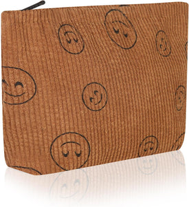 Bolsa de cosméticos Bolsa de maquillaje Preppy Cute Corduroy Neceser para mujeres esenciales de viaje, Marrón a22, Cara de moda