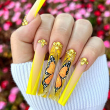 Cargar imagen en el visor de la galería, Uñas postizas largas a presión de mariposa, uñas postizas de cobertura completa con diseños de purpurina, diamantes de imitación,a22  uñas acrílicas de primavera, uñas artificiales brillantes
