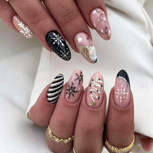 Uñas postizas de Navidad a presión con copos de nieve, uñas postizas medianas con diseño de almendra Blake plateada, con pegamento a rayas con purpurina, A22 uñas acrílicas brillantes de cobertura