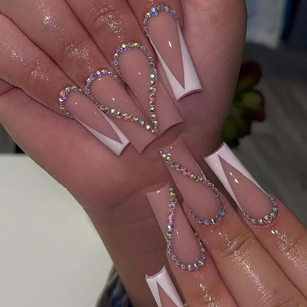 Uñas postizas largas a presión, uñas postizas de punta francesa blanca con diseño de corazón con purpurina, uñas con pegamento para mujeres,a22  uñas postizas acrílicas, reutilizables, uñas