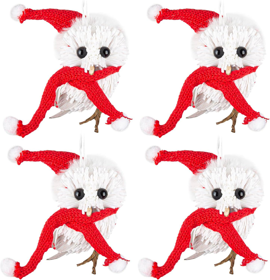 4 adornos de búho blanco con sombrero de Papá Noel, adornos de animales colgantes hechos a mano,  A19