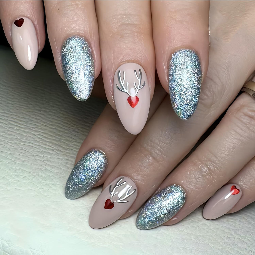 24 uñas postizas de Navidad a presión largas con forma de almendra, bonitos diseños navideños, uñas acrílicas artificiales para Navidad, a22  alce, uñas postizas para m
