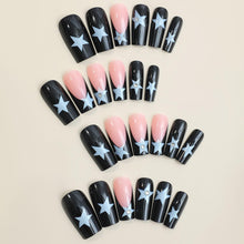 Cargar imagen en el visor de la galería, Uñas postizas largas cuadradas negras con punta francesa, uñas postizas de cobertura completa con diseños de estrellas, uñas postizas Y2K a presión, uñas adhesivas brillantes, uñas acrílicas artificiales para mujeres y niñas,a22  24 unidades
